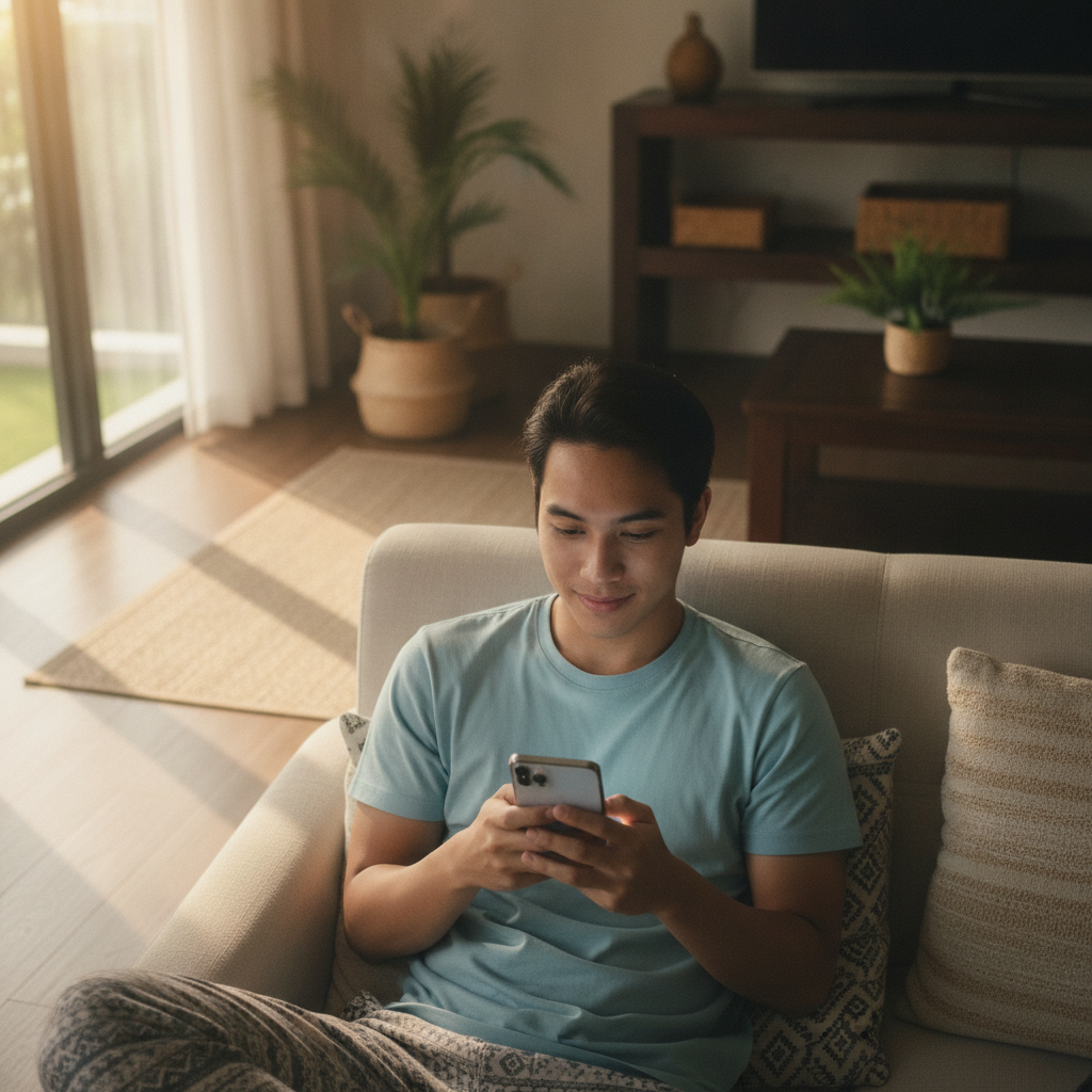 Filipino player holding smartphone ready to start playing online casino games